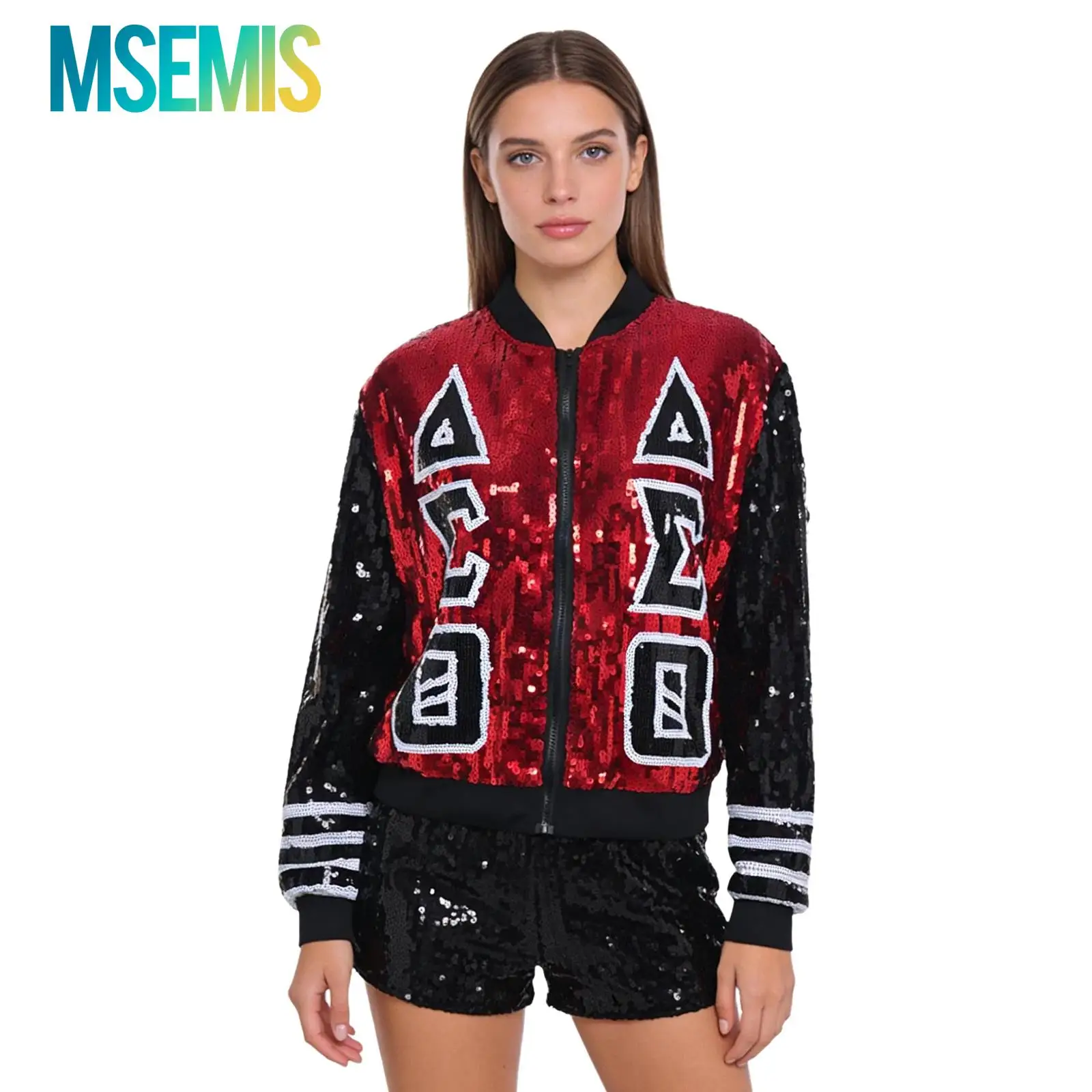 

Женский костюм для джазовых и хип-хоп танцев: куртка-бомбер с пайетками, на подкладке, с длинными рукавами, на молнии спереди, верхняя одежда