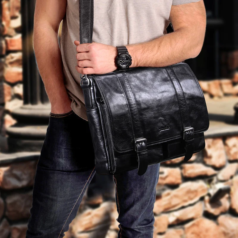 Maletín de cuero vegetal para hombre, bolso de mano de 13 pulgadas para ordenador portátil, ipad grande vintage, bolso de mensajero de negocios para hombre, negro