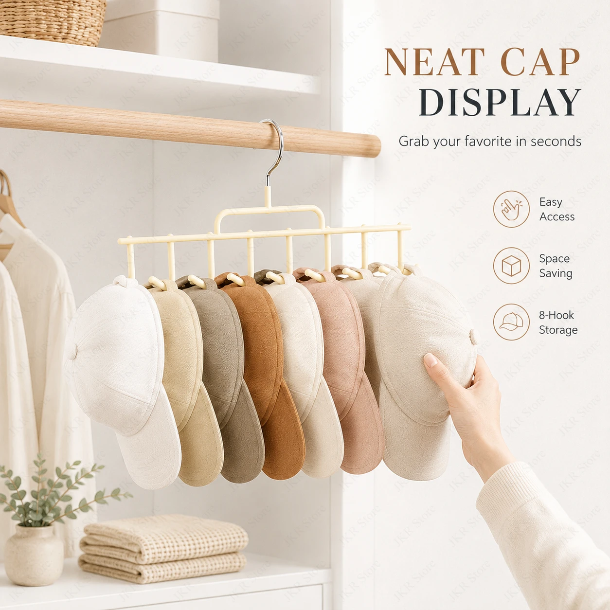Wall Hat Rack with Hanging Hooks Cap Organizer Holder for 8 Tall Baseball Caps Dorm Closet Bedroom Storage Display Daily Use view 4