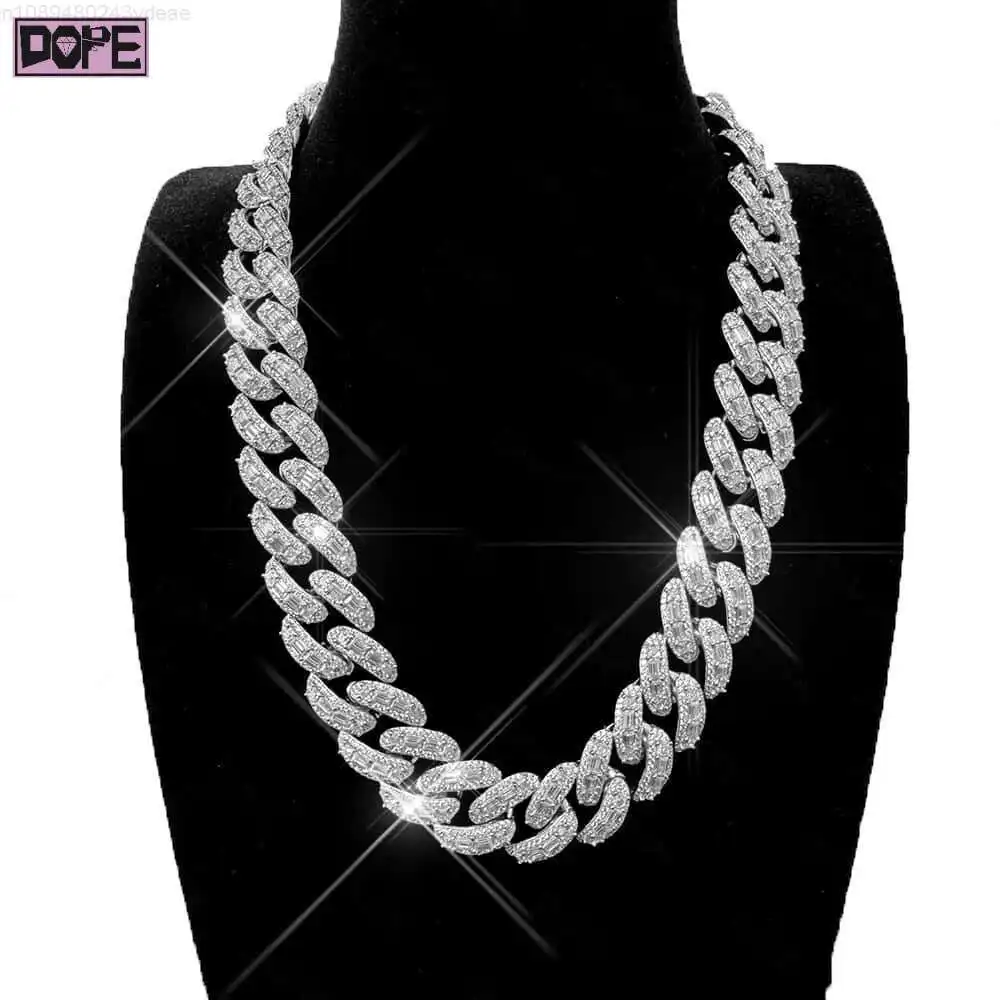 

20mm Hiphop Cuban Link Chain 925 Sterling Silver Iced Out Miami Emerald Moissanite Cuban Chain