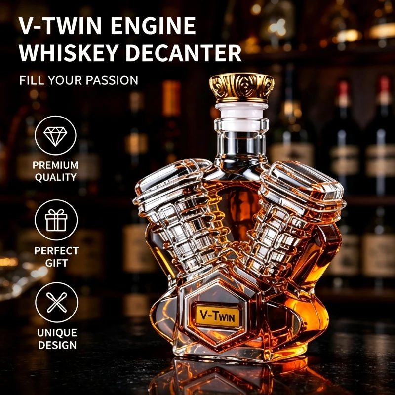 V-Twin Engine Whiskey Decanter, Unique Motorcycle Engine Shaped Glass Liquid Bottle with Airtight Stopper, Home Decor Ornament