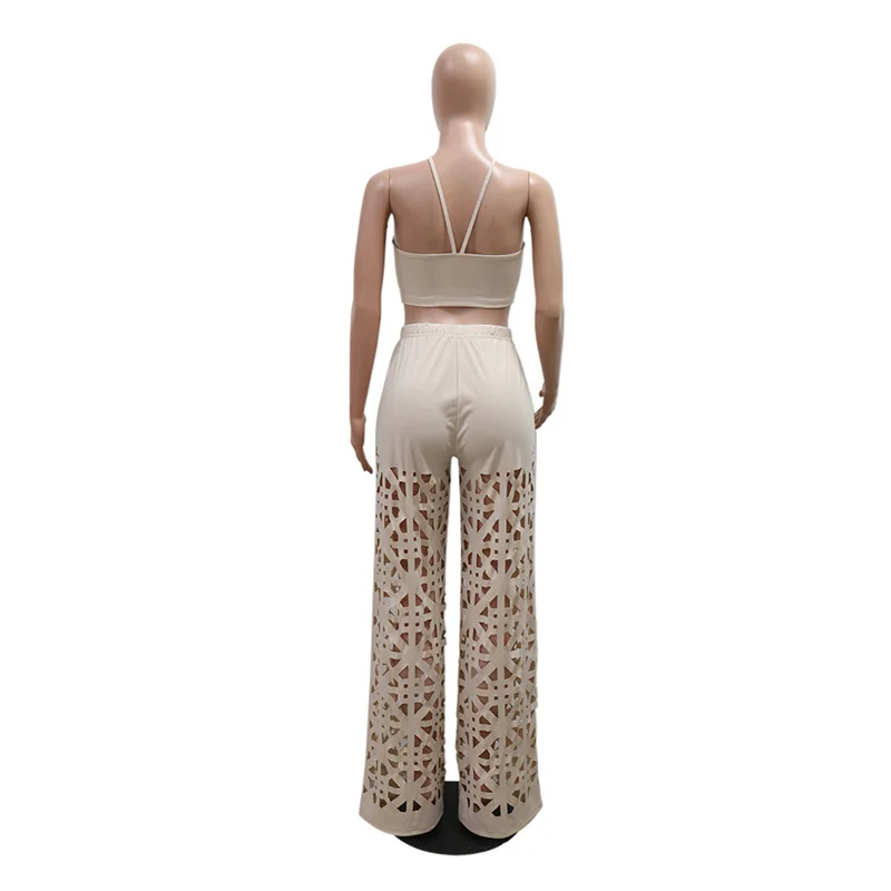 Summer Party Sexy 2 Piece Sets Women High Waist Hollow Out Loose Wide Leg Pants and Backless Strap Crop Top Night Club Outfits