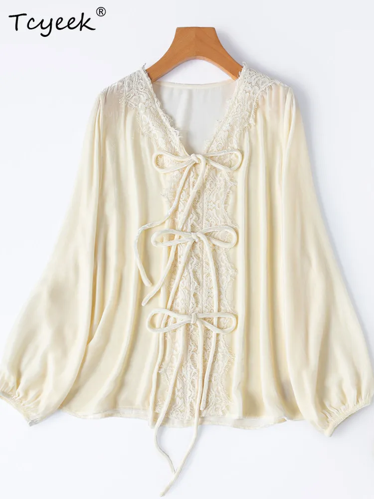 

Элегантная блузка из натурального шелкового бархата Tcyeek для женщин, весенне-летняя одежда, свободный крой, женские топы с длинным рукавом, 2026