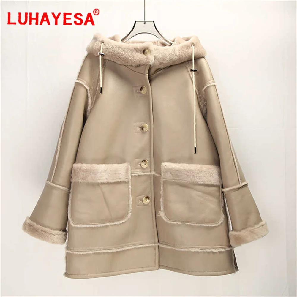 2024 Luhayesa Top Quality Australia Merino Sheepskin Fur Coat Women Winter Casual Hooded Medium Long Khaki Real Fur Outerwear