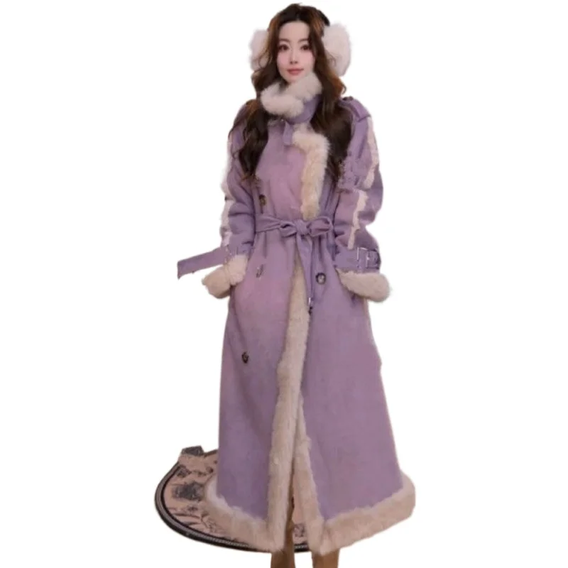 

Новое зимнее темпераментное замшевое меховое пальто с воротником-стойкой, 2026, женское утолщенное теплое пальто из искусственного меха среднего и длинного цвета