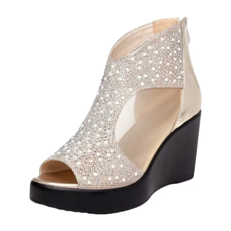 

Women's Summer Wedges Leather Mesh Little Size Sandals Thick Sole Non Slip Breathable High Top Peep Toe Sandals Cool Boots