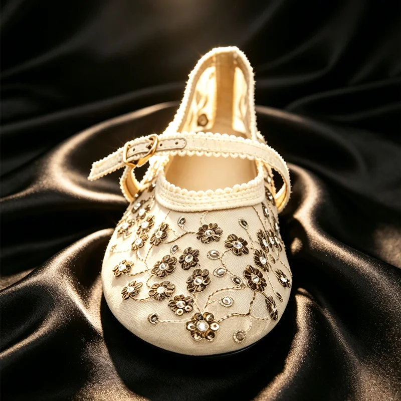 

Elegant Rhinestone Detail Ballet Flats Women Luxury Embroidered Mesh Mary Jane Shoes Comfortable Designer Loafers for Girls