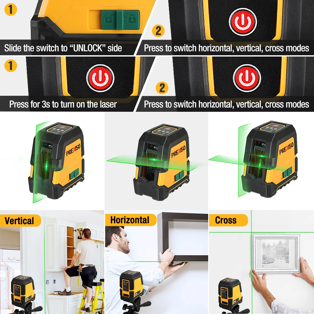 PREXISO 30M/100FT Rechargeable Cross Line Laser Green Line Level Self Leveling Laser and Magnetic Pivoting Base for Construction