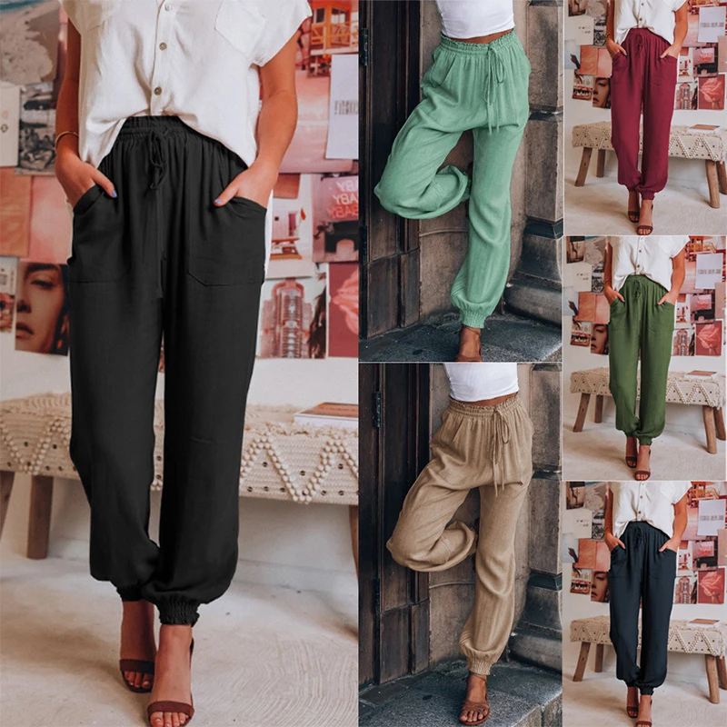 

Women's elegant minimalist Harlan pants with fashionable drawstring design solid color loose casual elastic waist women's pants