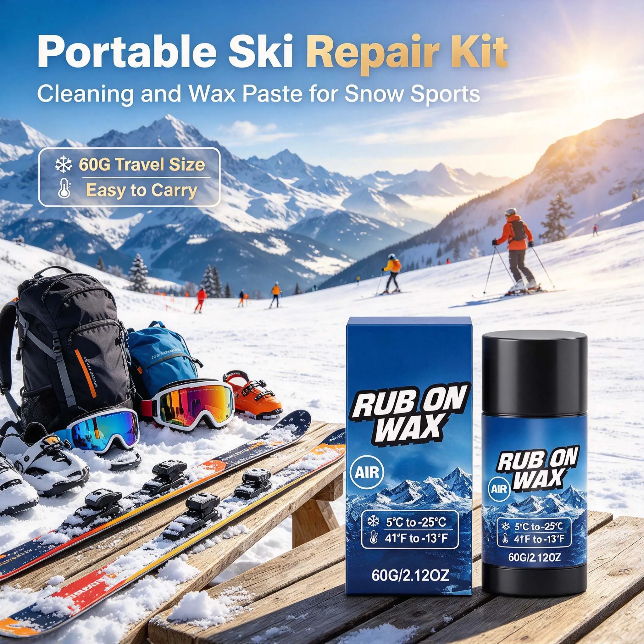 Snowboard Wax Rub-On 60g Long-Lasting Cleaning Repair Paste Portable Easy Waxing for Ski Winter Sports Snowboarding Smooth Glide