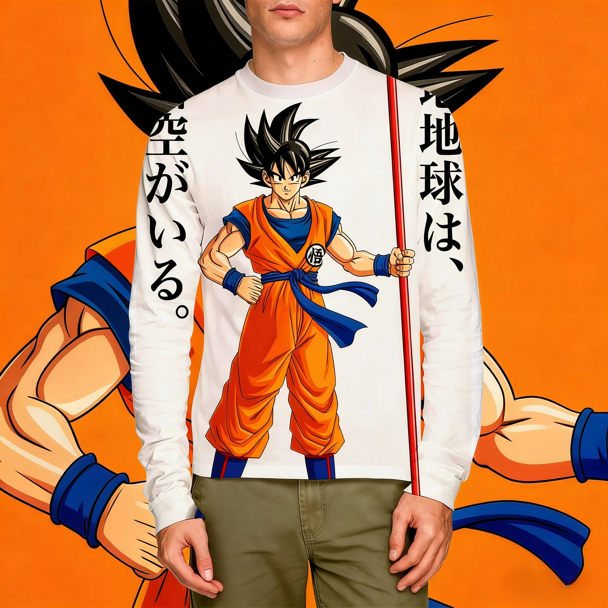 2026 Herbst Winter Dragon Ball Vintage Baumwoll-Fleece Langarm-T-Shirt Übergroß Unisex Herren Kinder Goku mit Power Pole Aufdruck Top