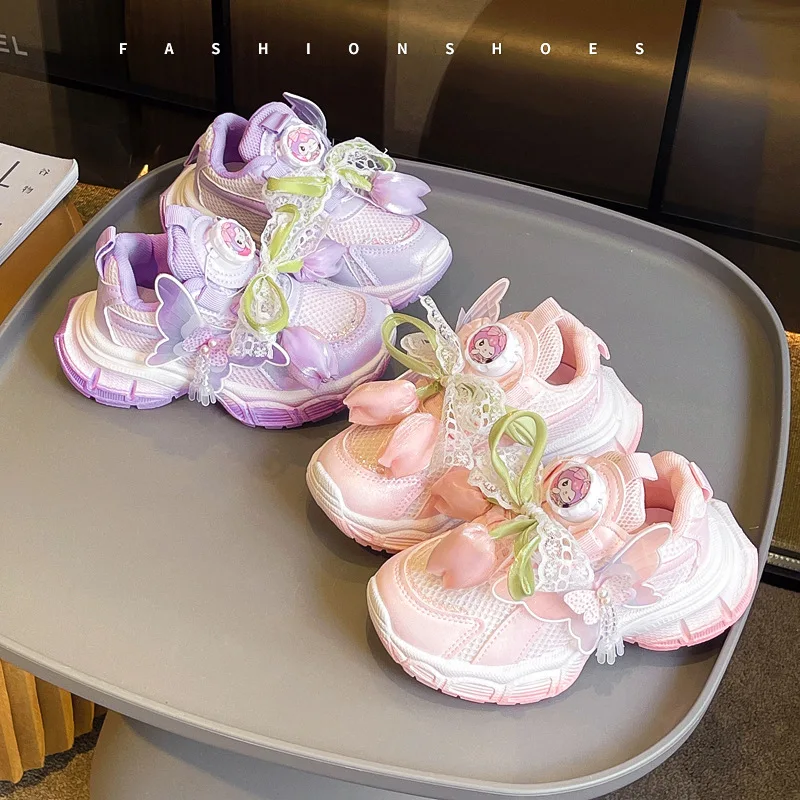 

New style Children Fashion Soft Sports Shoes Autumn Breathable Girl's Mesh Shoes Princess Tulip Cute Sneakers Kids XZ005