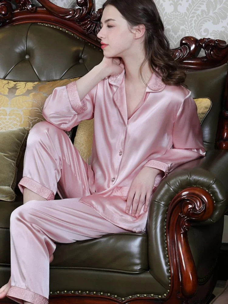 

Шелковые пижамы с вышивкой, 100% шелк тутового шелка, одежда для сна с длинными рукавами, пижамный комплект, весенне-осенний кардиган на пуговицах, домашняя одежда PJ