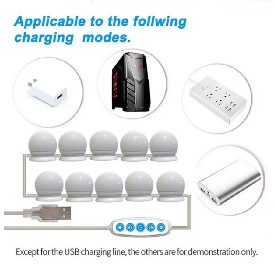 USB LED Makeup Mirror Wall Lamp Five Color Temperature 10Bulbs Kit for Dressing Table Dimmable Vanity Lights Cosmetic Fill Light