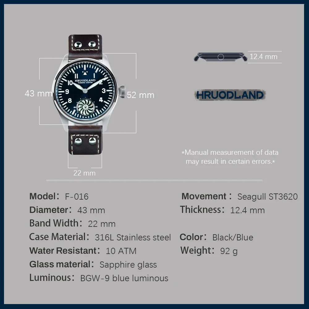 Hruodland Men Pilot Automatic Mechanical Watches ST3620 Movement BGW-9 Luminous Sapphire Glass Crystal Frosted Dial reloj hombre