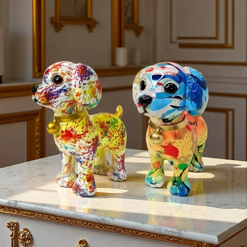 Colorful Painted Dog Figurine Resin Statue Creative Tabletop Decor for Office Desk Living Room Entryway Bar Cabinet Home Gift