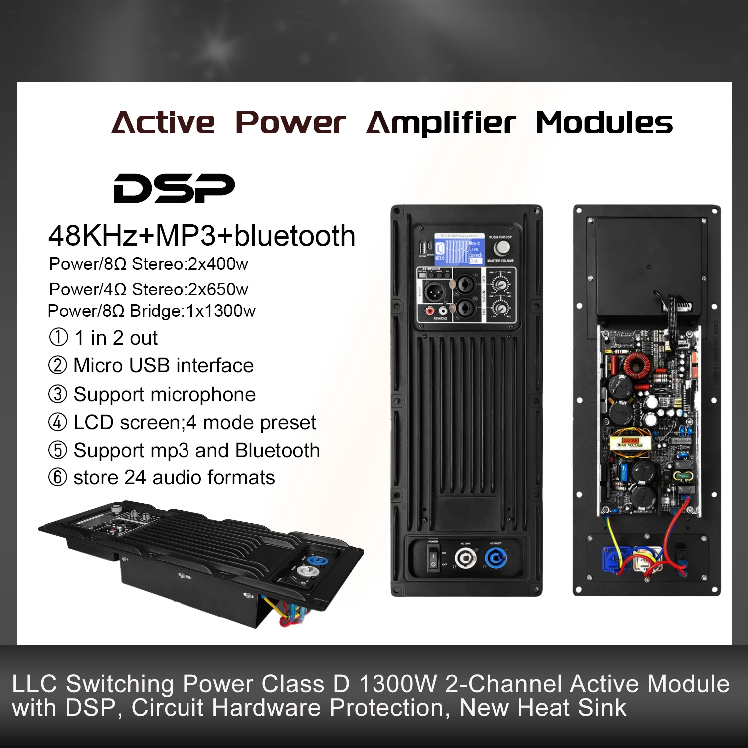 Módulo amplificador de potencia digital profesional SenMicre PDA1300+CQ190 de 2 canales y 48 KHz con DSP Módulo amplificador de altavoz activo de 2 x 400 W y 8 ohmios Amplificador de sonido de subwoofer con Bluetooth y