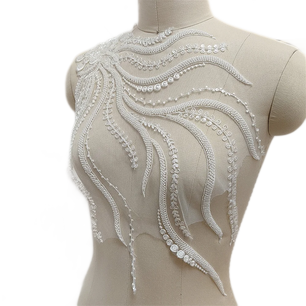 Wedding Dress Bodice Sewing on Embroidery Lace Patch Ivory 1 Piece Luxurious Beaded Tulle Mesh Lace Applique