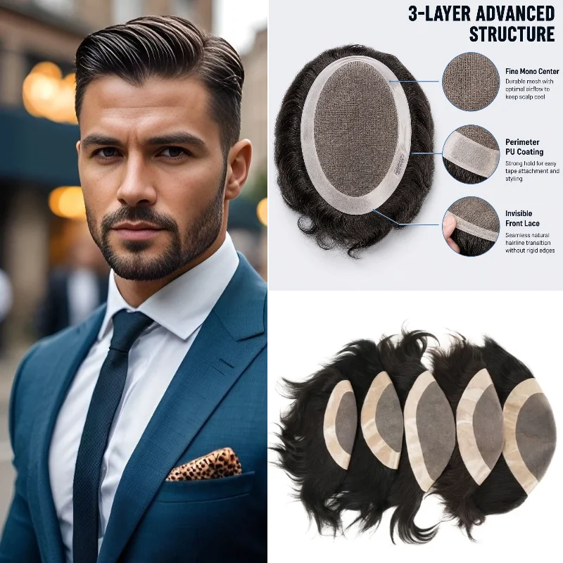 100% Human Hair D7-3 Mono Base Men Hairpiece 6x8 6inch Straight Mono+NPU Handmade Remy Hair For Everyday Confidence 72H Ship
