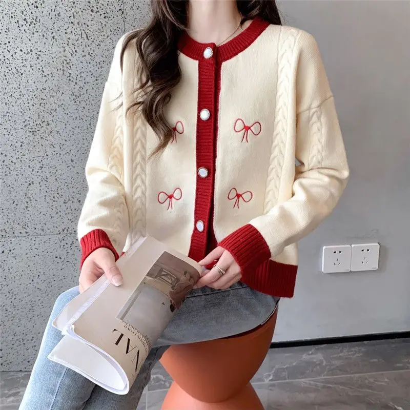 Bow Button Lantern Long Sleeve Women\'s Clothing Crew Neck Autumn Winter Cardigan Sweater Knitted Coats Screw Thread Commute Tops