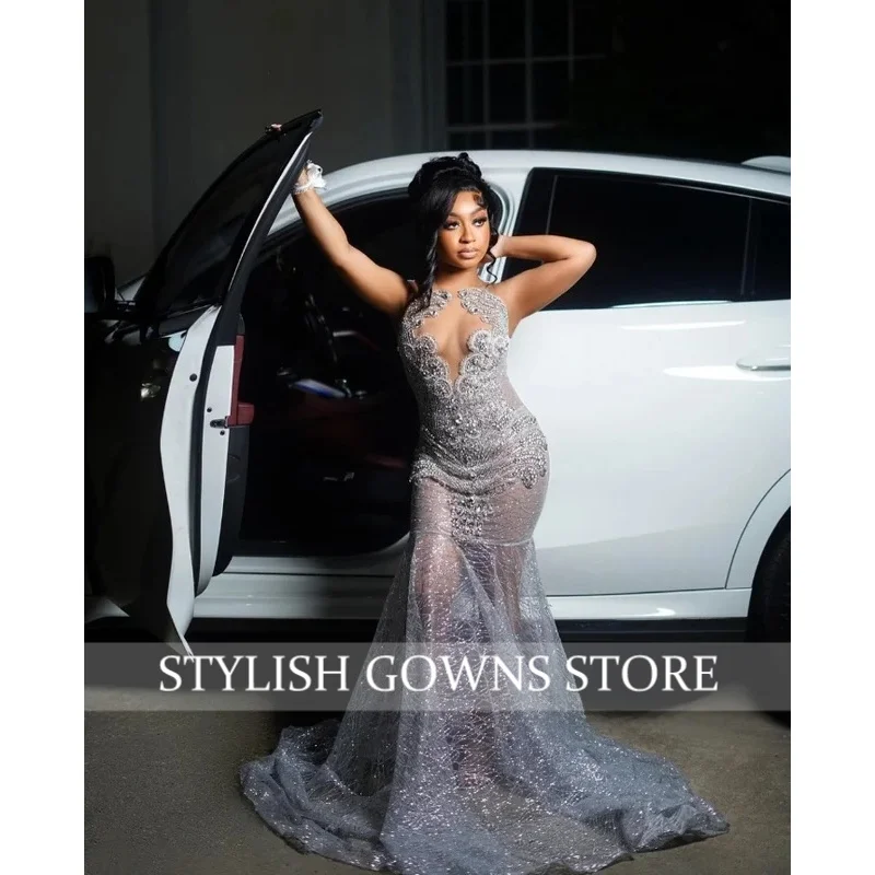 

Sexy Mermaid Prom Dress Shiny Silver Diamante Applique Black Girls African Evening Wedding See Through Mesh Party vestidosCustom