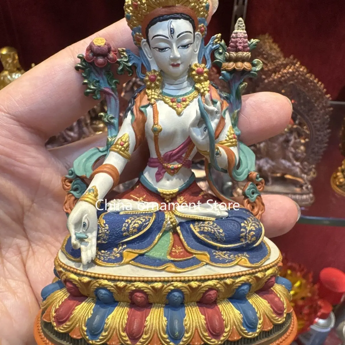 Xizang Tantra blancura madre 10cm pigmento Mineral pintado ornamento leyenda tibetana devoción del hogar a estatua de bronce nepalí