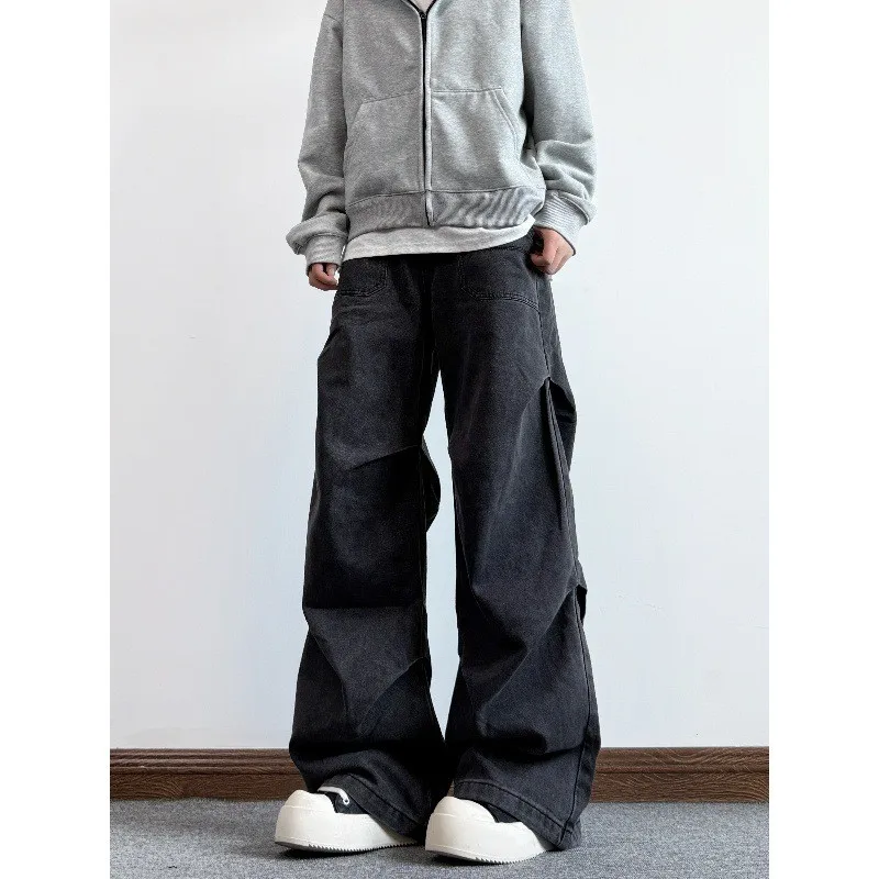 

Сложенные американские джинсовые джинсы, свободные прямые длинные брюки черного цвета для мужчин и женщин, ретро, со средней талией, сетчатый принт