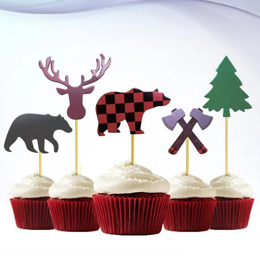 30 Pcs Cake Toppers Decor Decorate Bamboo Decorative Lumberjack Theme Birthday Party Decoration Decorations