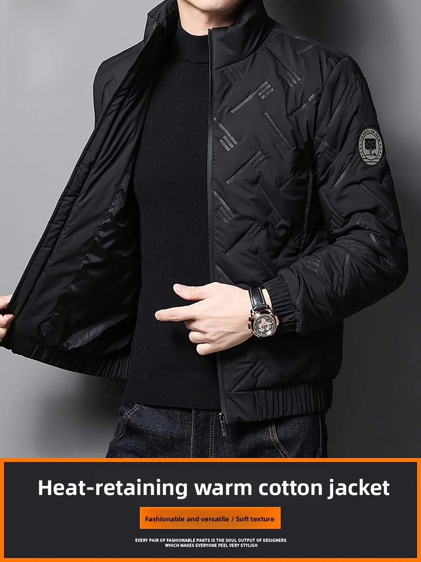 

Thiened Cotton Jaet Men's Casual Loose Warm Stand Collar Autumn Winter Polyester Fiber Fill Youth ular Stand Fit