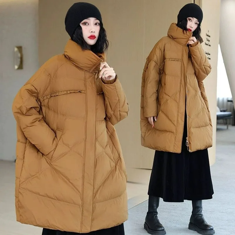 

110Kg Can Wear White Duck Down Jacket Women's Medium and Long Stand-up Collar Thickened Loose Large Size Winter New Coat Comfort