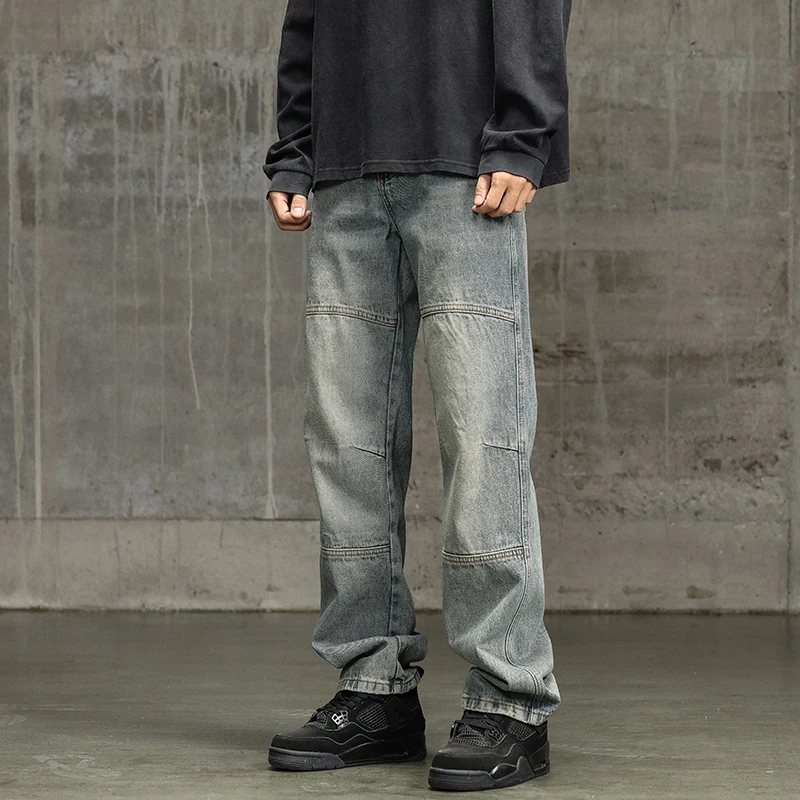 

Мужские джинсы в стиле ретро, американские, широкие, прямые, удлиненные, осенние, модные, брендовые, с элементами пэчворка, свободного кроя