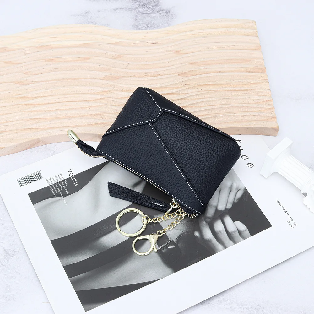 2024 New Patchwork Coin Purse Genuine Leather Mini Women Wallets With Keychain First Layer of Cowhide Short Purse Card Holder