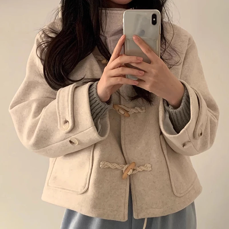 

Chic Autumn Winter ort Woolen Coat Women's Loose Fit with Big kets Retro Button Design Casual Versatile Hat Jaet
