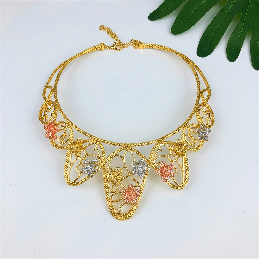 Dubai Jewelry Set For Women Gold Color Hollowed Out Earrings Flower Necklace Bangle Ring Nigeria Elegant Bride Party Easter Gift