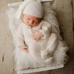 Newborn Photography Outfits Solid Color Knitted Wool Mohair Knitted Baby Outfit Romper Jumpsuit Hat Newborn Photography Clothing