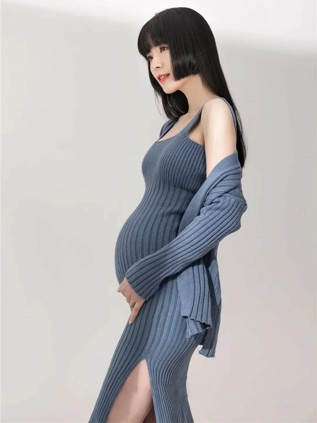 

Women Sexy Knitting Maternity Dresses for Photo Shoot Casual Photography Props Pregnancy Clothes Long Sleeve Jackets Slip Dress