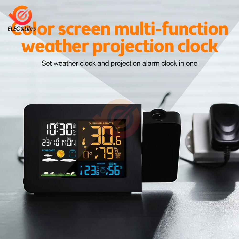 

Digital Weather Station Temperature Hygrometer Weather Forecast Barometer Moonphase Alarm Clock Time Projector Wireless Sensor