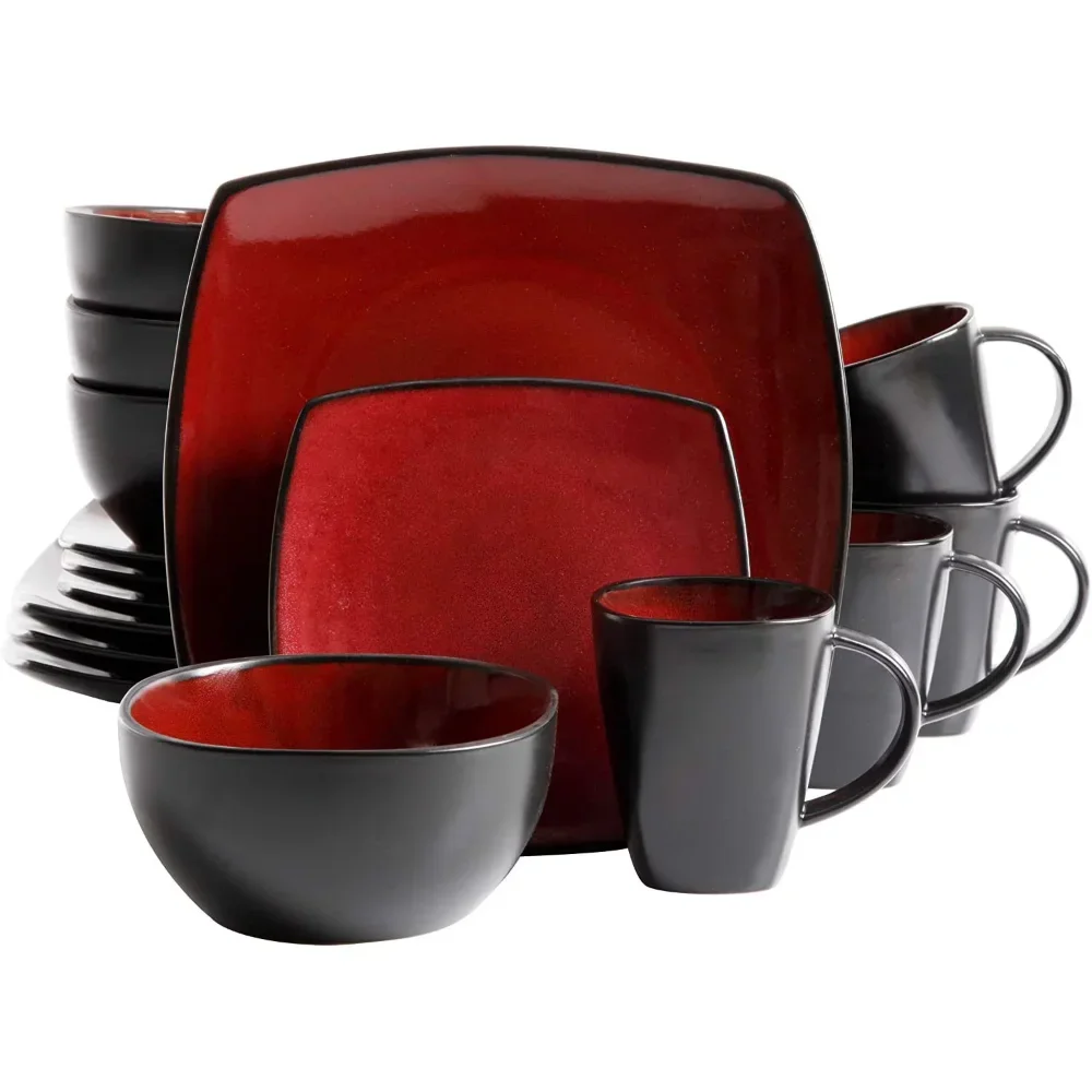 Soho Lounge Square 16-Piece Dinnerware Set - Red Dinner Set  Dish Set  Dinner Set  Plate Sets