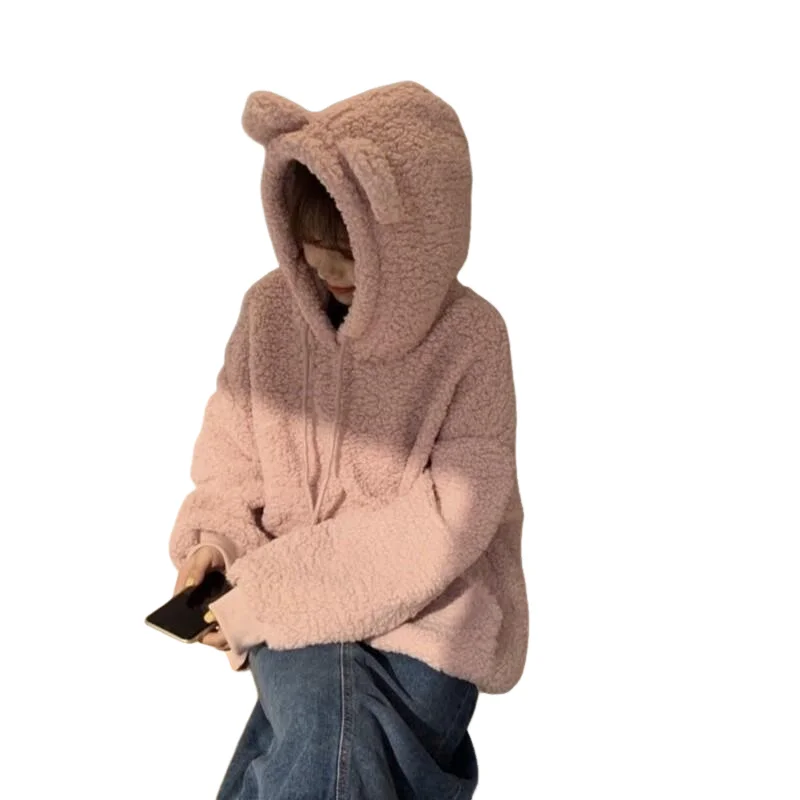 Damska bluza z kapturem, polarowa, z uszami misia, ciepła, gruba, luźny krój, modna, studencka, codzienna, na zimę i jesień.