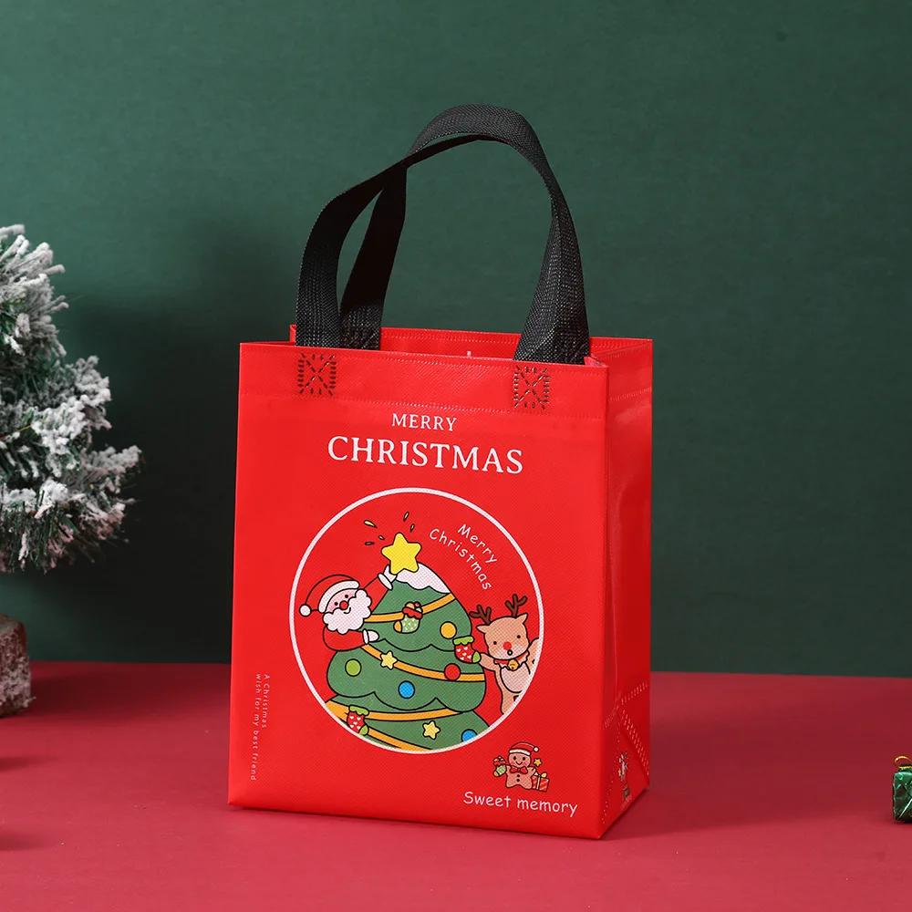 1PCS Christmas Gift Bag Small Tote Bag with Handle Reusable Nonwoven Shopping Bag Santa Claus Sock Treat Bag for Christmas Party