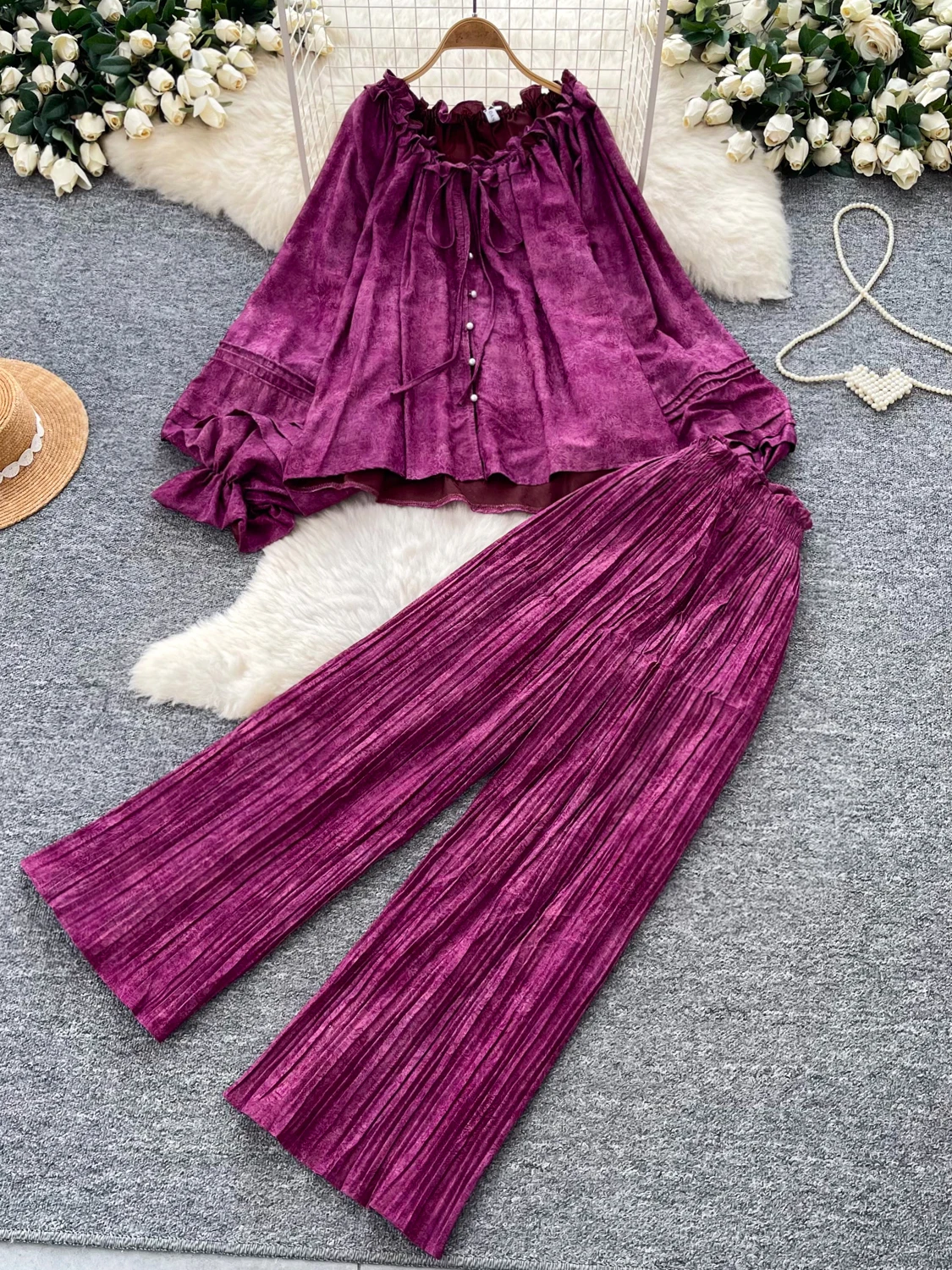 Casual Commute Style Women's Fashion Set with Lace Trim One Shoulder Top Wide Leg Pants Two Piece Suit Autumn Collection