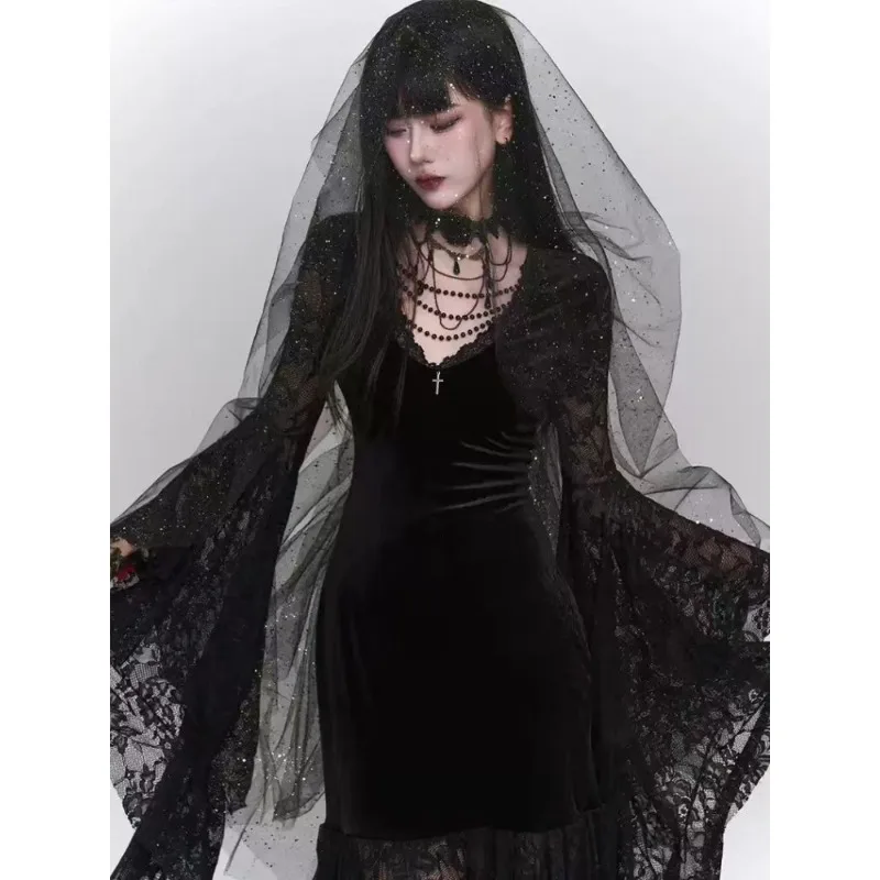 Schwarzes Gothic-Kleid für Damen, schlank, figurbetont, 2025, Frühling, Vintage-Kleid, Bürodame, Goth, Harajuku, reine Farbe, Kleidung, Oberbekleidung, Chic