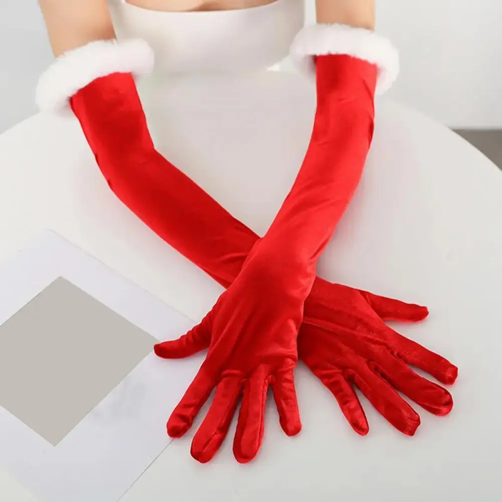 1 Pair Long Velvet Gloves for Women Elbow Length Red Formal Gloves with Faux Fur Trim for Opera Halloween Cosplay Party Dress Up