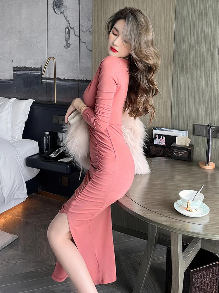 Thời Trang Nữ Vintage Gợi Cảm Quần Áo Dạo Phố Cổ Chữ V Rỗng Midi Đầm Dự Tiệc Sang Trọng Tính Khí Áo Dây Nếp Gấp Nữ Đầm Xẻ Tà