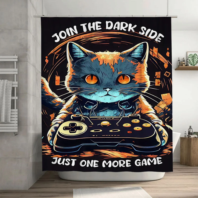 

Современная занавеска для душа с изображением кота, темная боковая тема игры, черный фон с красочным дизайном, изготовленная из прочной ткани для декора ванной комнаты