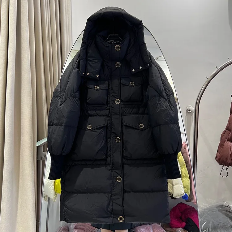 2025 inverno nova jaqueta feminina com capuz à prova de vento commuter manga de malha para baixo jaqueta