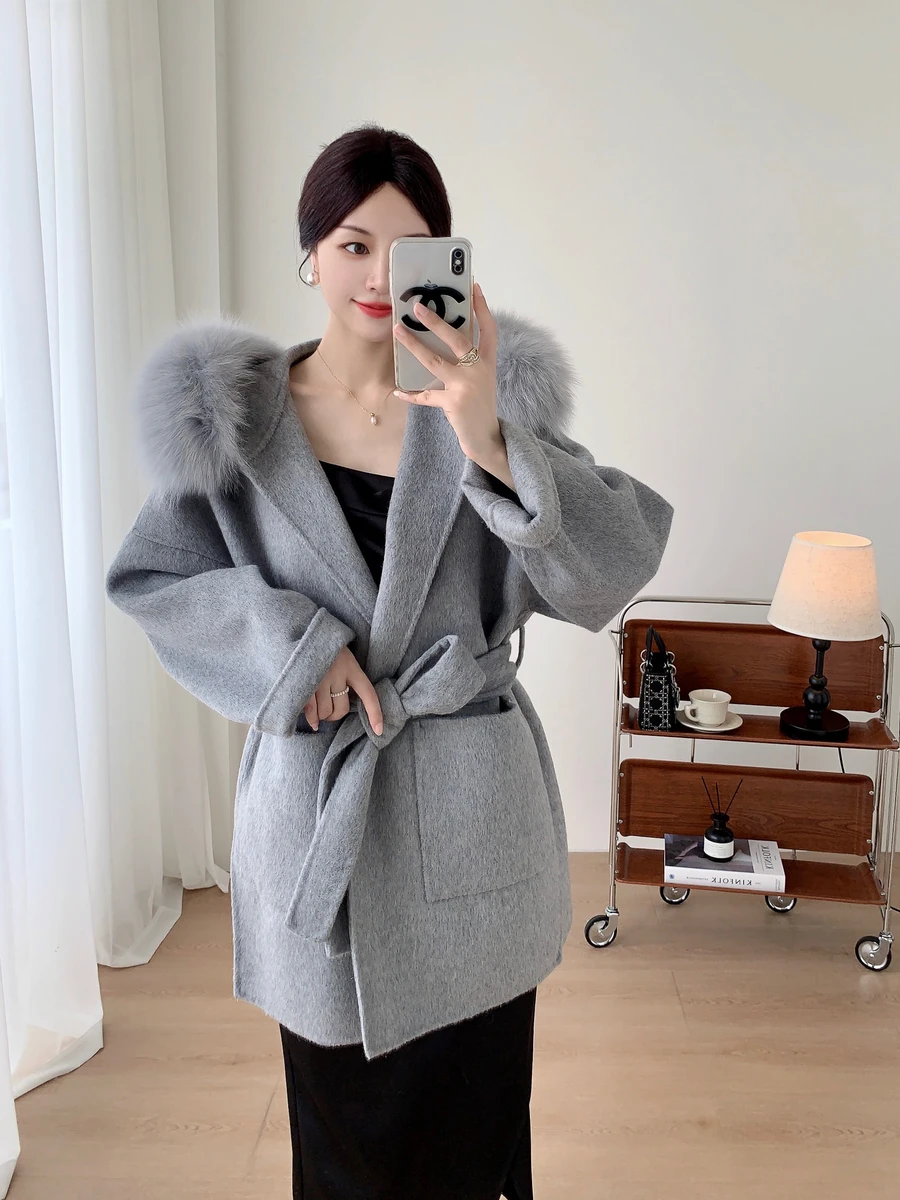 2024 New Oversize Ladies Outerwear Real Fur Coat Winter Jacket Women Natural Fox Fur Collar Cuffs Hood Cashmere Wool Woolen