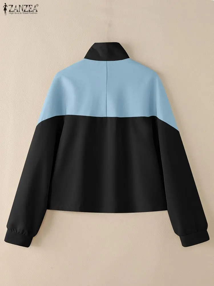 2025 ZANZEA Jesienna Bluzka z Kołnierzykiem, Długi Rękaw, Stylowe Koszule Damskie, Cienkie Okrycia Wierzchnie, Codzienne Kurtki Patchworkowe, Płaszcze, Bluzki z Guzikami