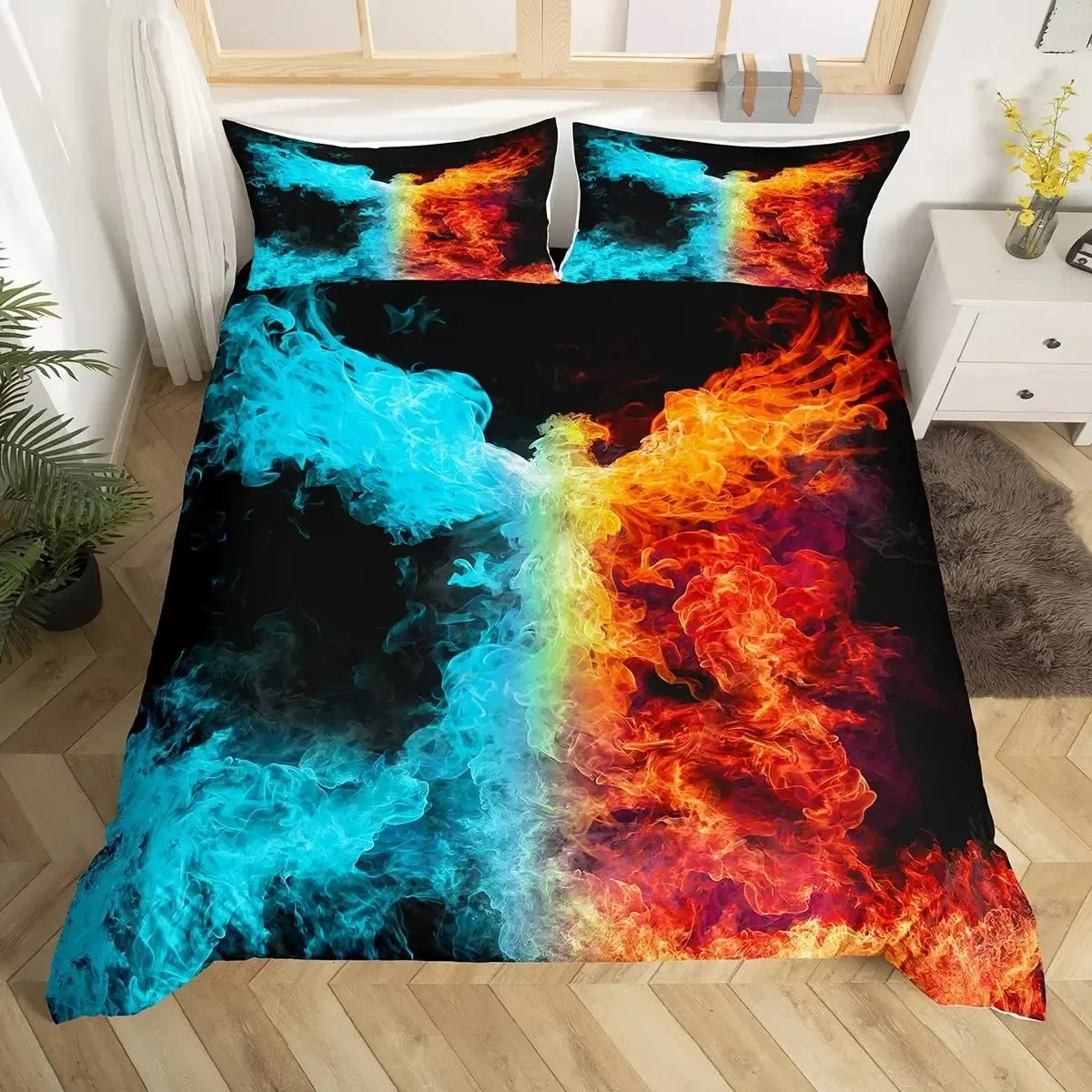 Dragon and Phoenix Duvet Cover Set Full Queen Size, Fantasy World Monster Gothic Bedding Sets Bohemian Mandala Comforter Cover