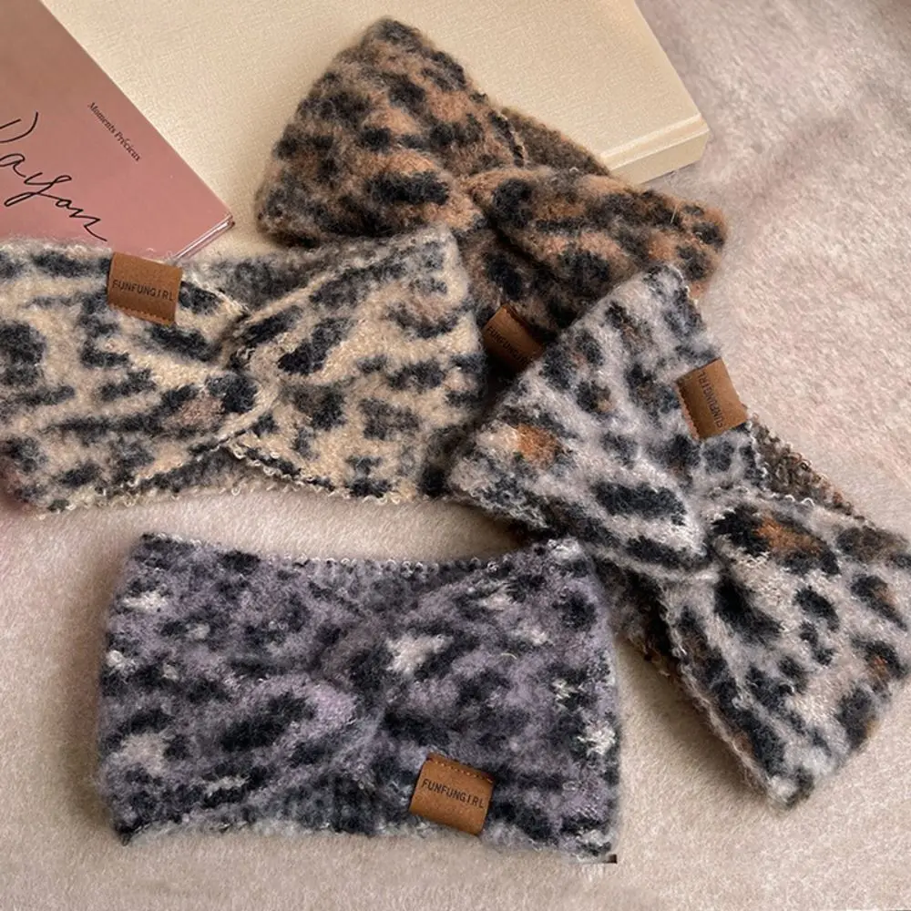 إكسسوارات الشعر عصابات رأس نسائية واسعة بطبعة الفهد، عصابة رأس محبوكة سميكة ودافئة، أغطية رأس عالية المرونة #3